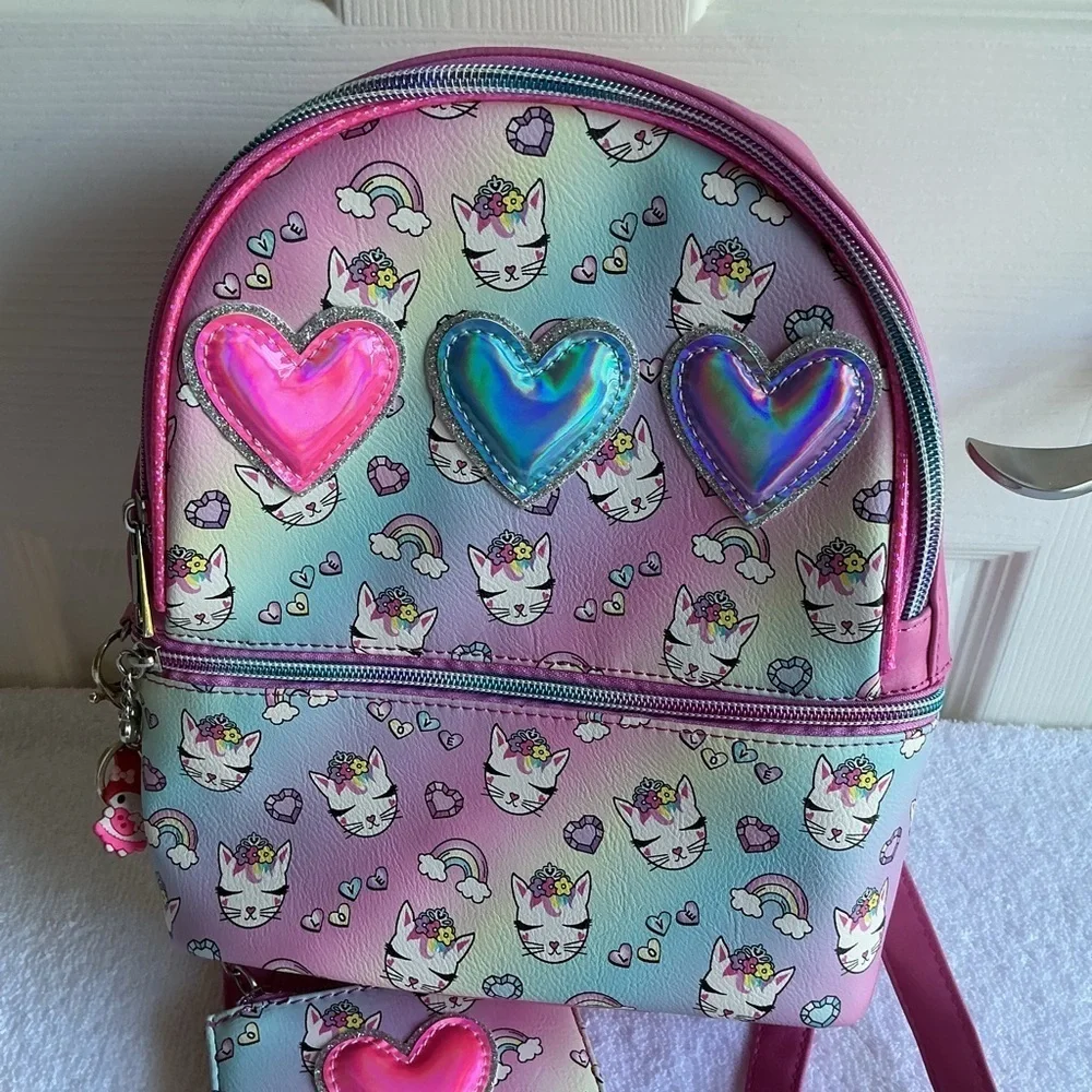 Charming Cat and Heart Print Kids Backpack